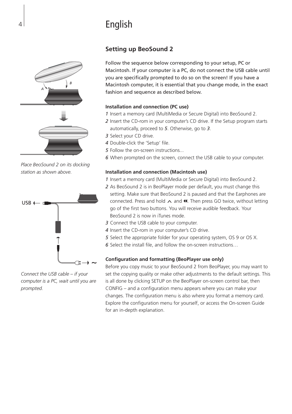 English, Setting up beosound 2 | Bang & Olufsen BeoSound 2 - User Guide User Manual | Page 4 / 46
