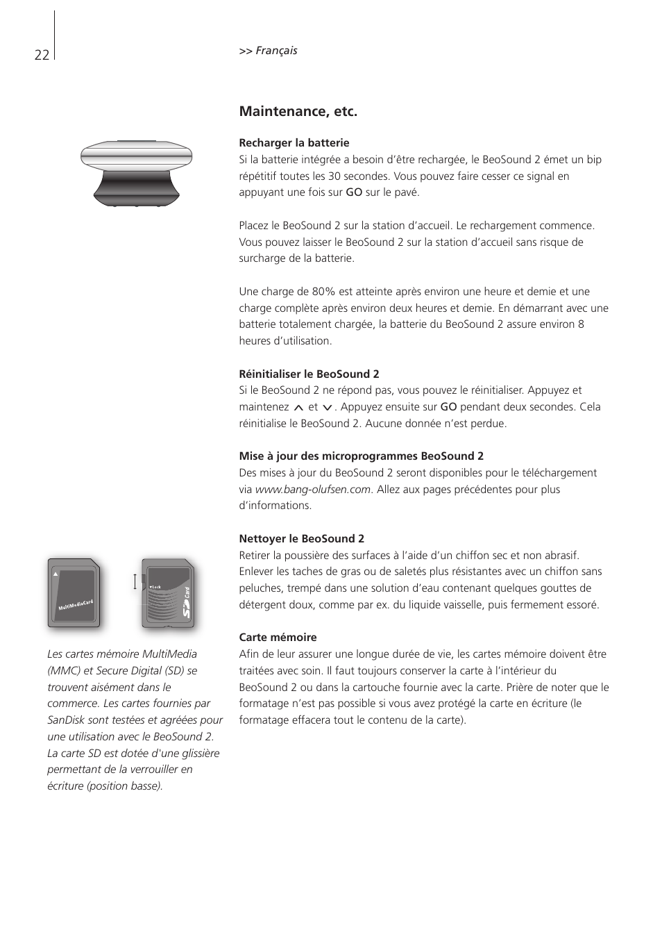 Maintenance, etc | Bang & Olufsen BeoSound 2 - User Guide User Manual | Page 22 / 48