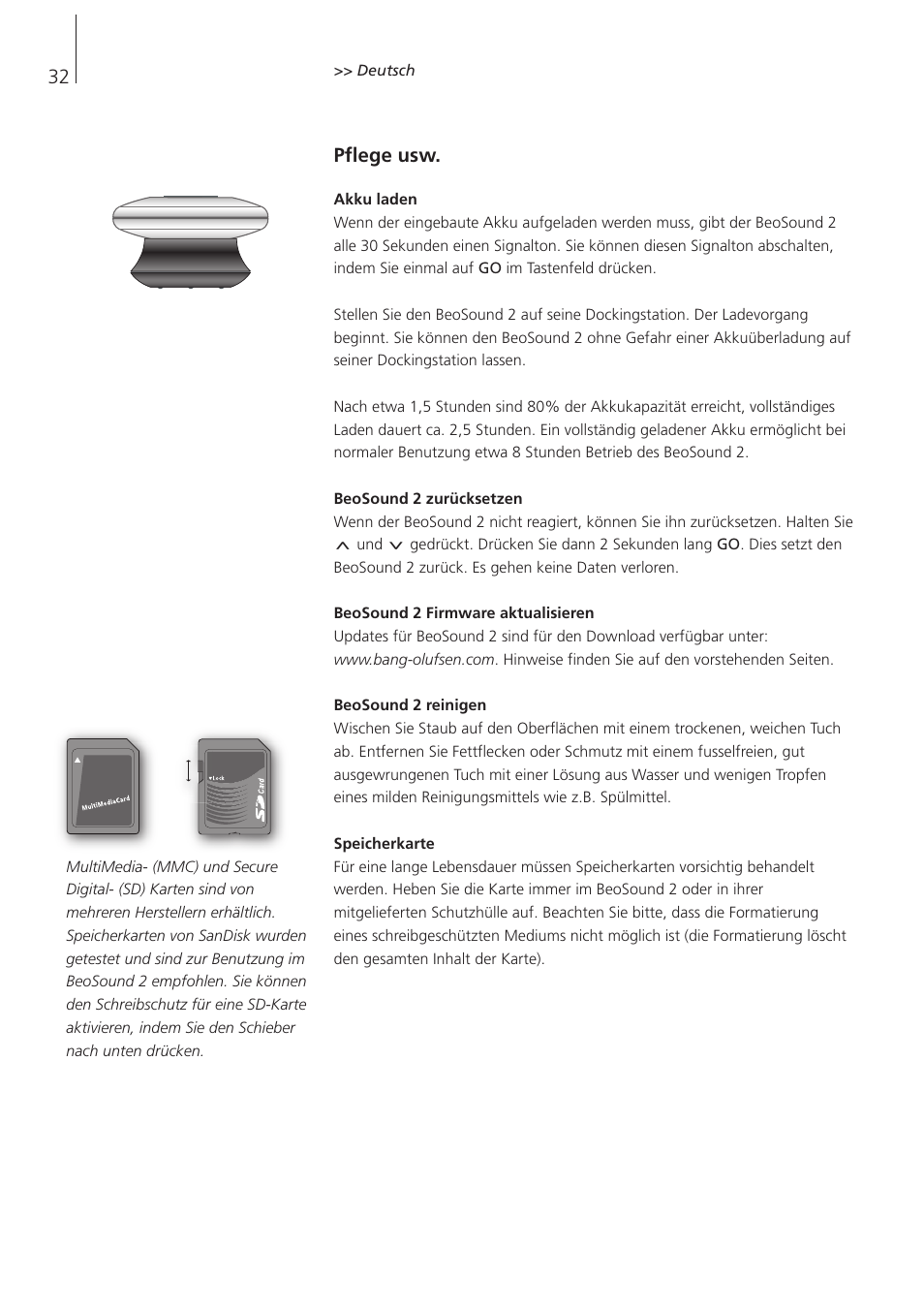 Pflege usw | Bang & Olufsen BeoSound 2 - User Guide User Manual | Page 32 / 48
