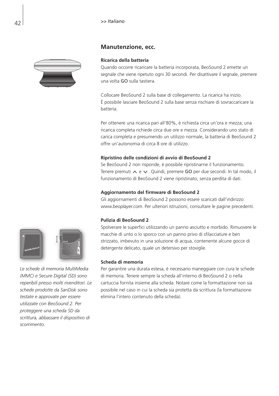 Manutenzione, ecc | Bang & Olufsen BeoSound 2 - User Guide User Manual | Page 42 / 48