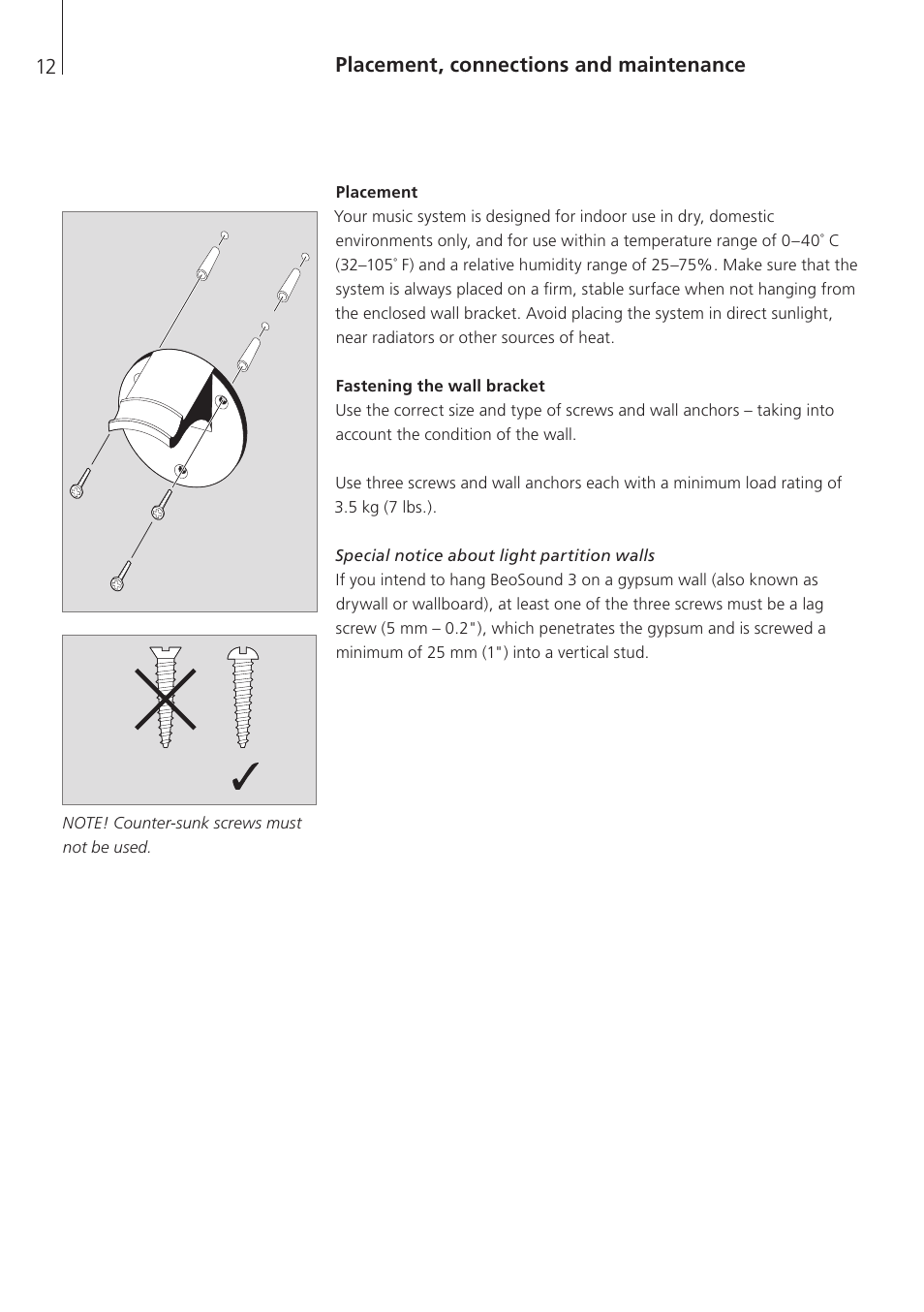 Placement, connections and maintenance, Placement, Fastening the wall bracket | Bang & Olufsen BeoSound 3 - User Guide User Manual | Page 12 / 20