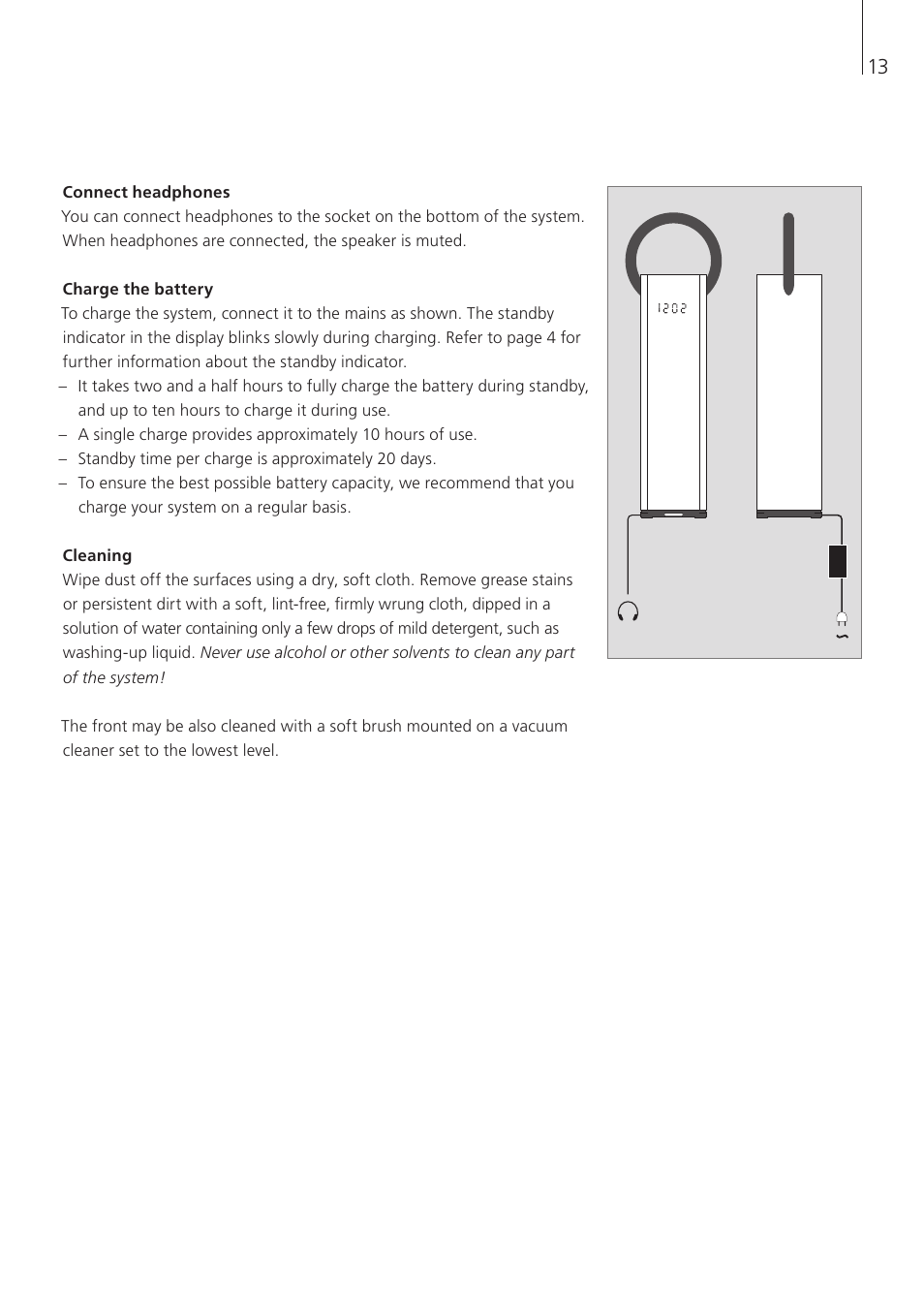 Connect headphones, Charge the battery, Cleaning | Bang & Olufsen BeoSound 3 - User Guide User Manual | Page 13 / 20