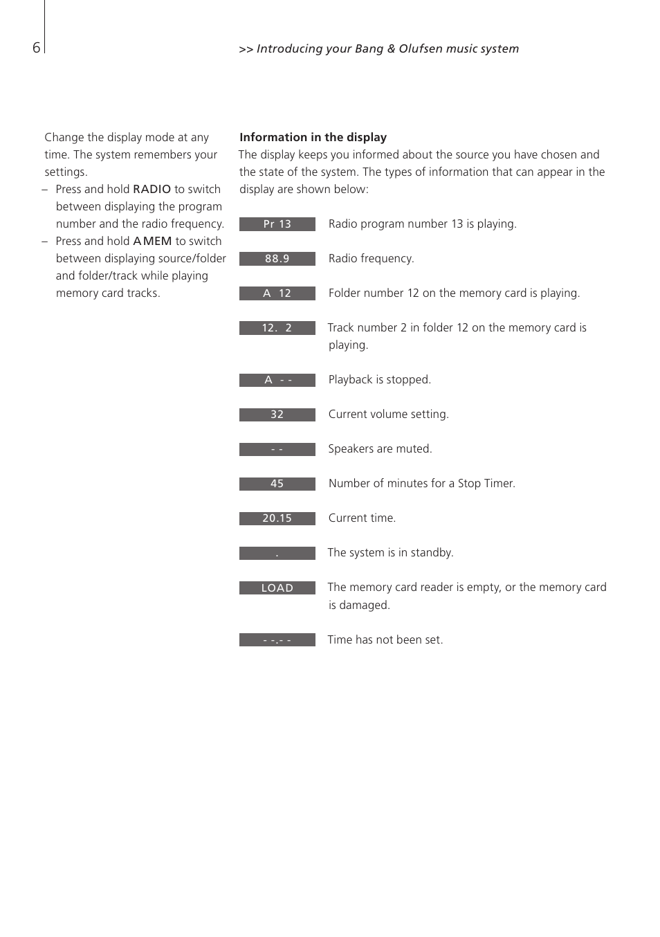 Information in the display | Bang & Olufsen BeoSound 3 - User Guide User Manual | Page 6 / 20
