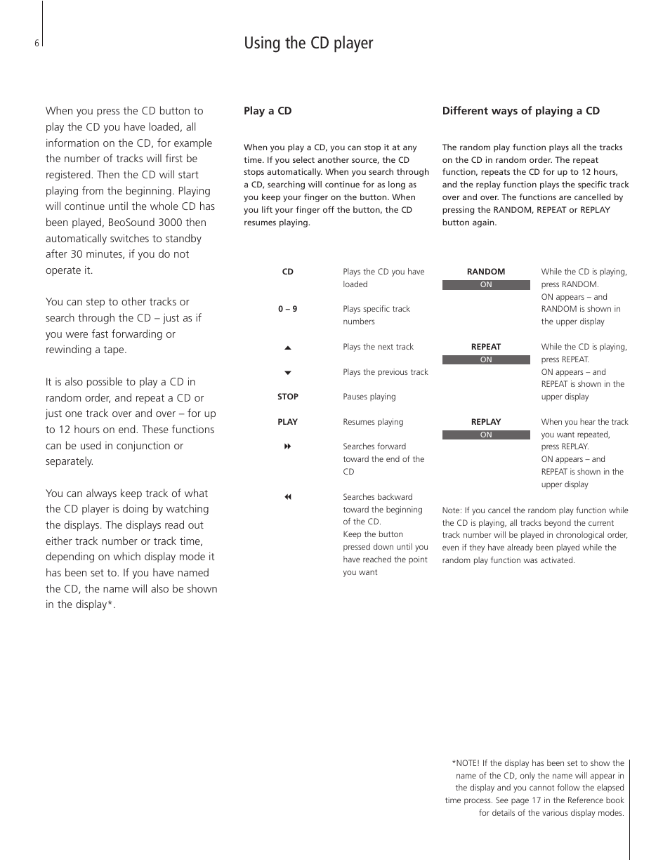Using the cd player, Play a cd, Different ways of playing a cd | Bang & Olufsen BeoSound 3000 - User Guide User Manual | Page 6 / 12