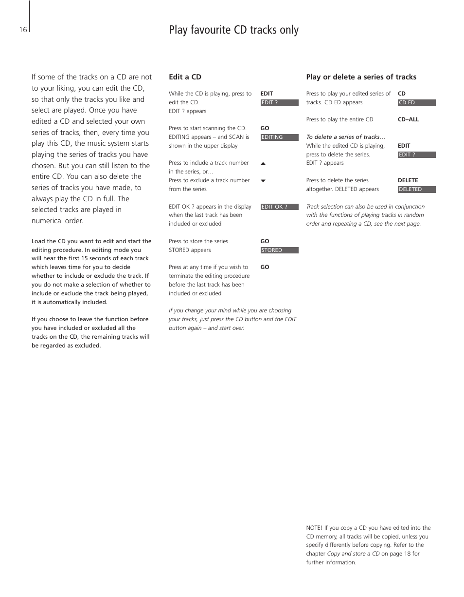 Play favourite cd tracks only, Edit a cd, Play or delete a series of tracks | Bang & Olufsen BeoSound 3200 - User Guide User Manual | Page 16 / 48