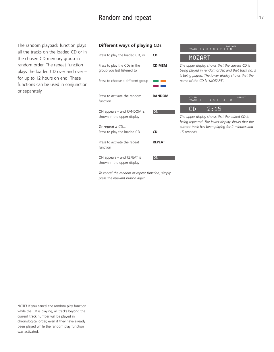 Random and repeat, Different ways of playing cds | Bang & Olufsen BeoSound 3200 - User Guide User Manual | Page 17 / 48