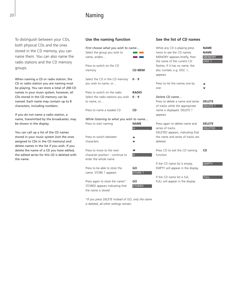 Naming, Use the naming function, See the list of cd names | Bang & Olufsen BeoSound 3200 - User Guide User Manual | Page 20 / 48