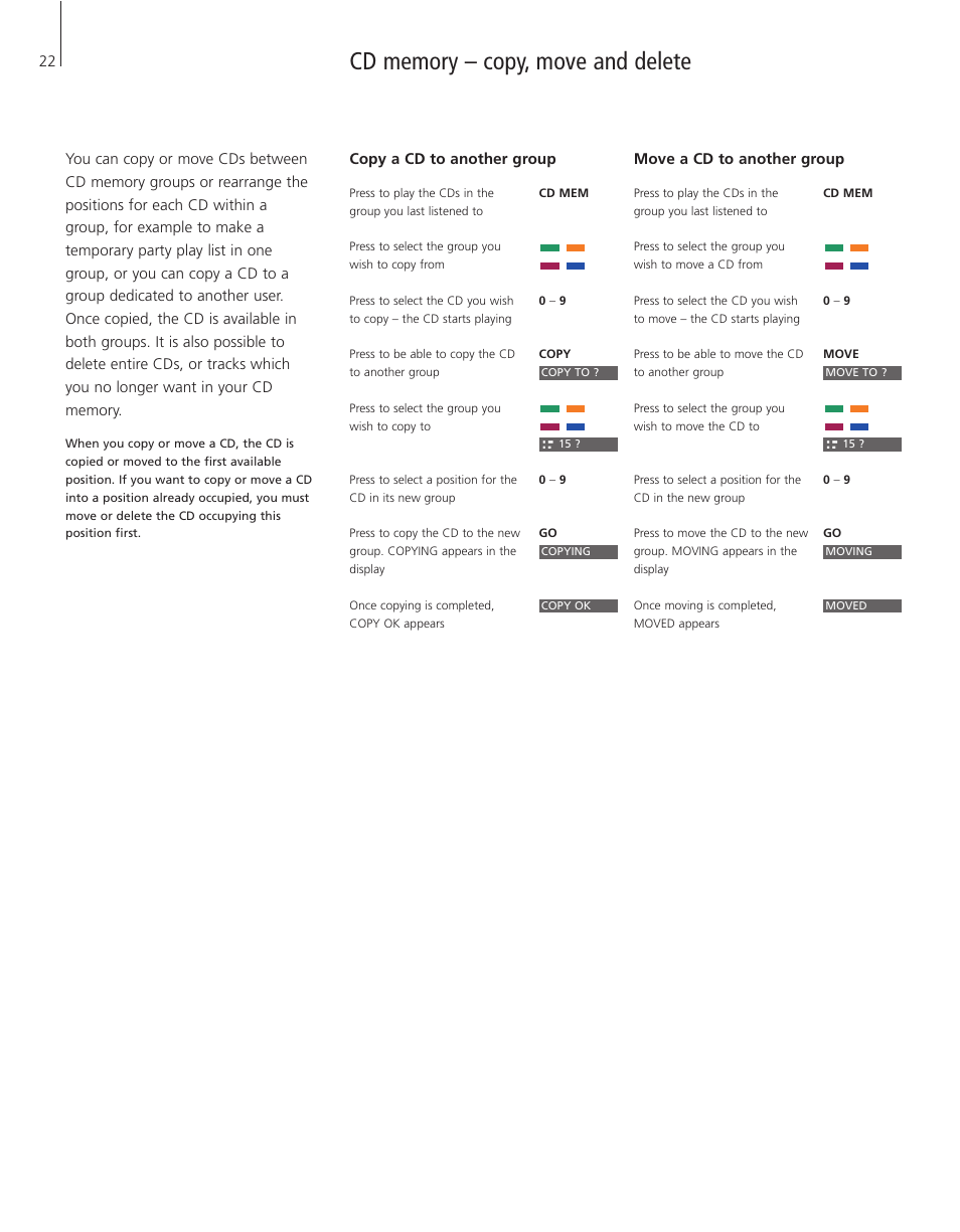 Cd memory – copy, move and delete, Copy a cd to another group, Move a cd to another group | Bang & Olufsen BeoSound 3200 - User Guide User Manual | Page 22 / 48