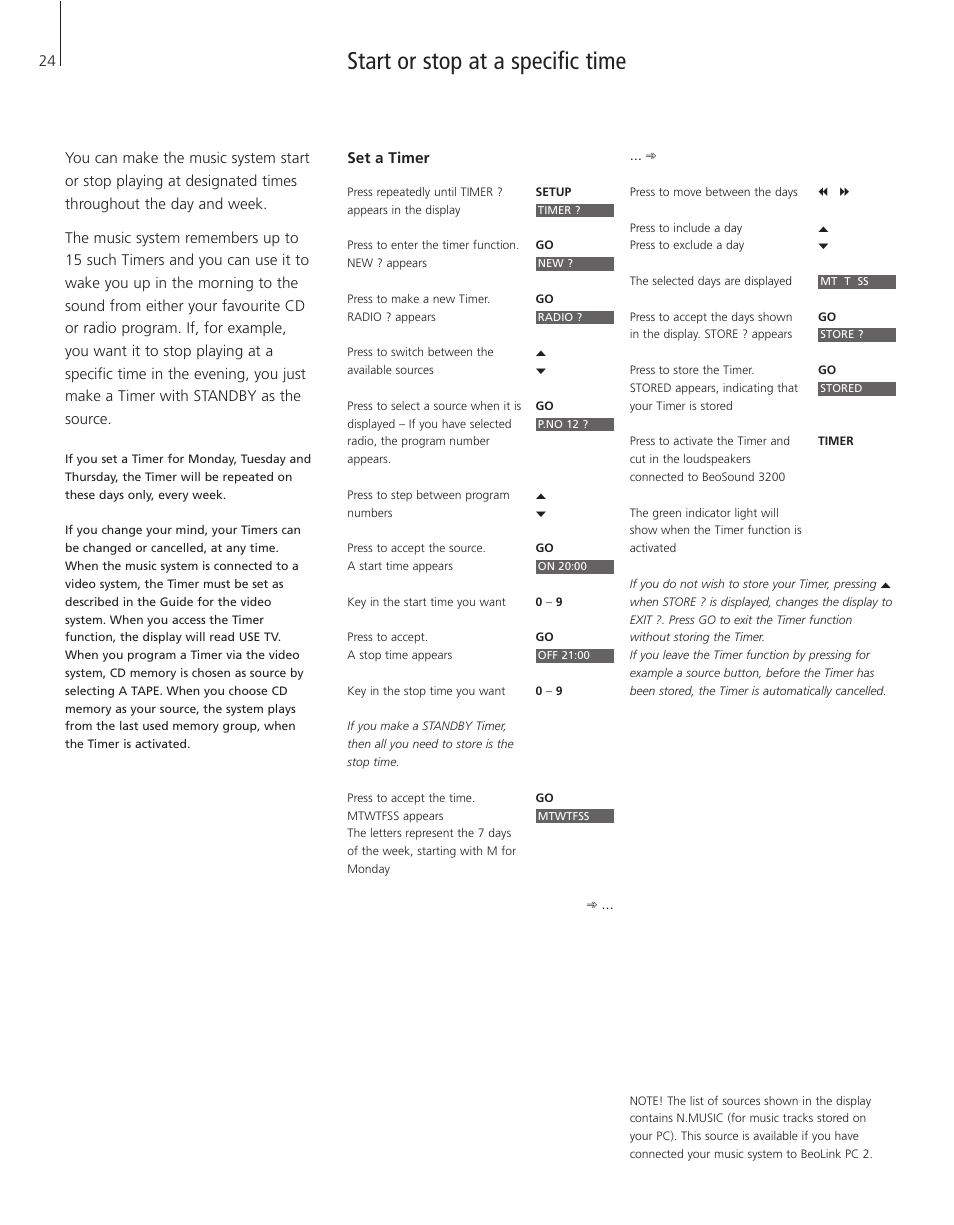 Start or stop at a specific time, Set a timer | Bang & Olufsen BeoSound 3200 - User Guide User Manual | Page 24 / 48