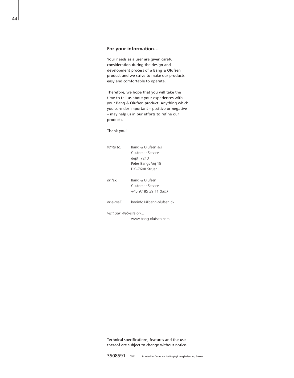 For your information | Bang & Olufsen BeoSound 3200 - User Guide User Manual | Page 44 / 48