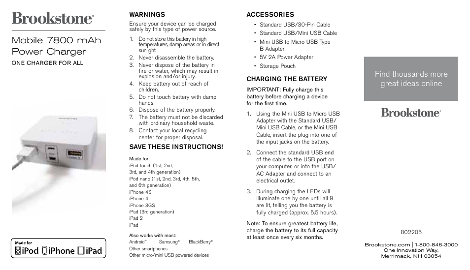 Brookstone Mobile Power Charger 802205 User Manual | 2 pages