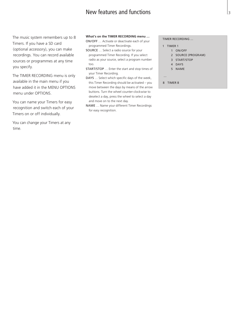 New features and functions, What’s on the timer recording menu | Bang & Olufsen BeoSound 4 - Supplement to User Guide User Manual | Page 3 / 6