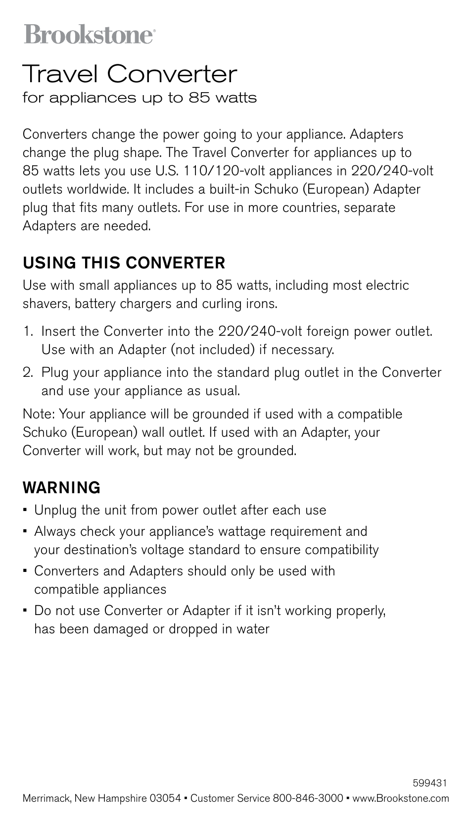 Brookstone Travel Converter 599431 User Manual | 2 pages