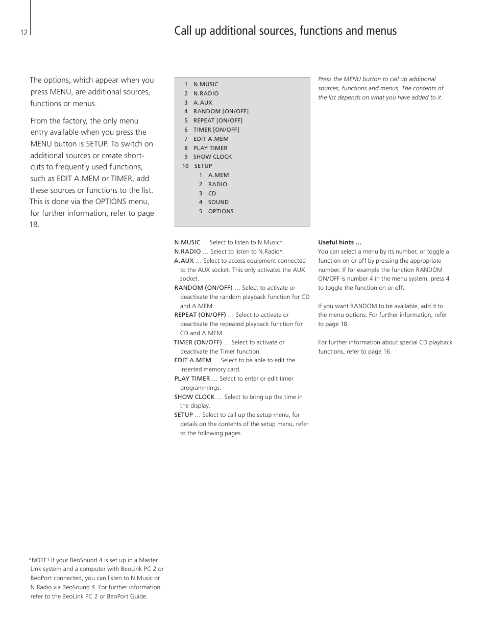 Call up additional sources, functions and menus | Bang & Olufsen BeoSound 4 - User Guide User Manual | Page 10 / 32