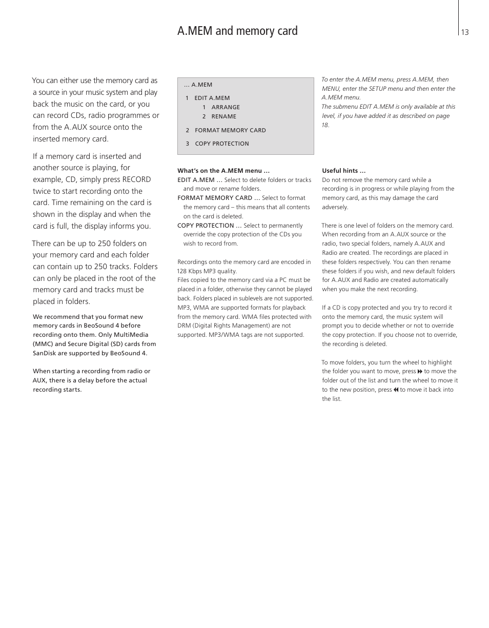 A.mem and memory card | Bang & Olufsen BeoSound 4 - User Guide User Manual | Page 11 / 32