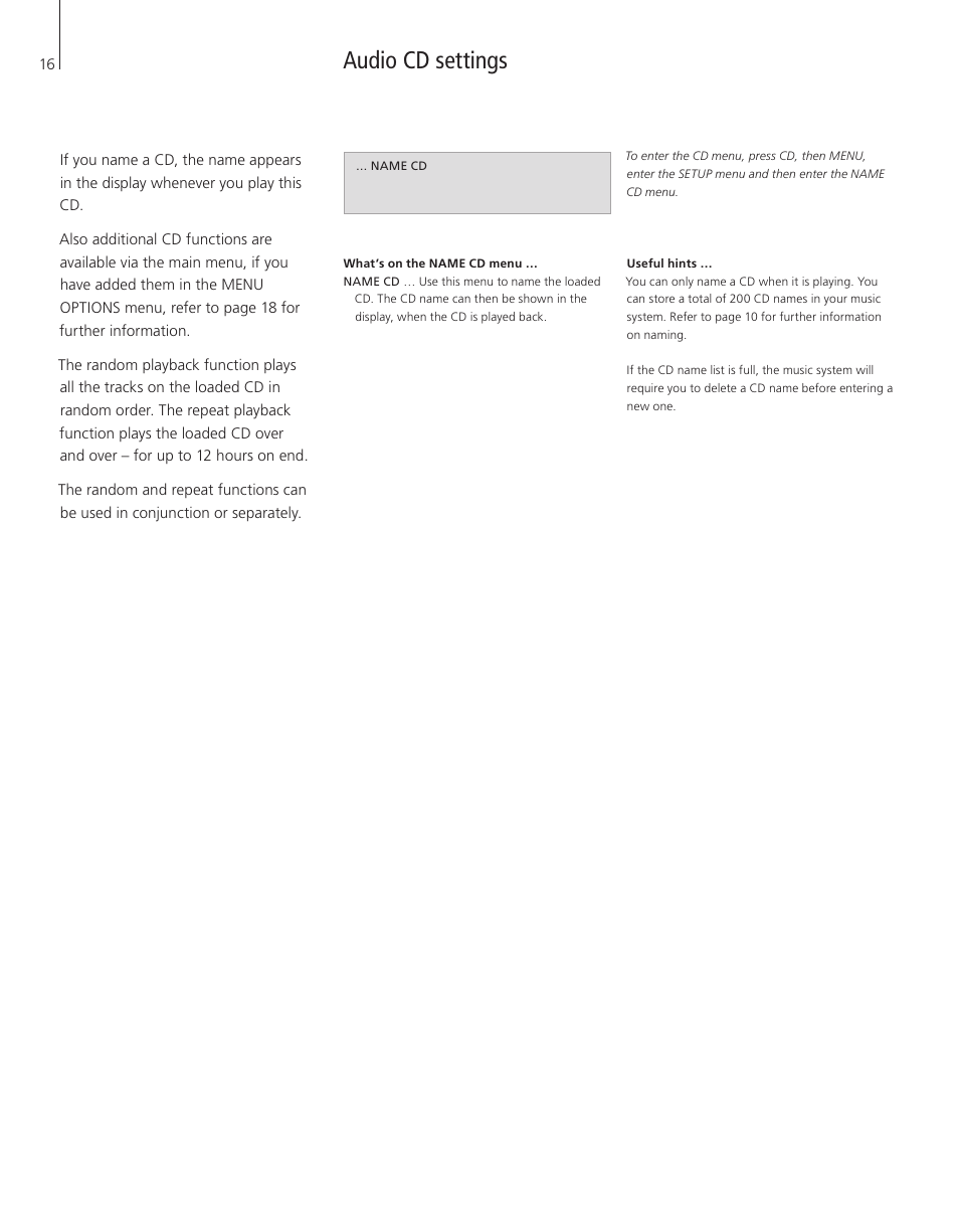 Audio cd settings | Bang & Olufsen BeoSound 4 - User Guide User Manual | Page 14 / 32