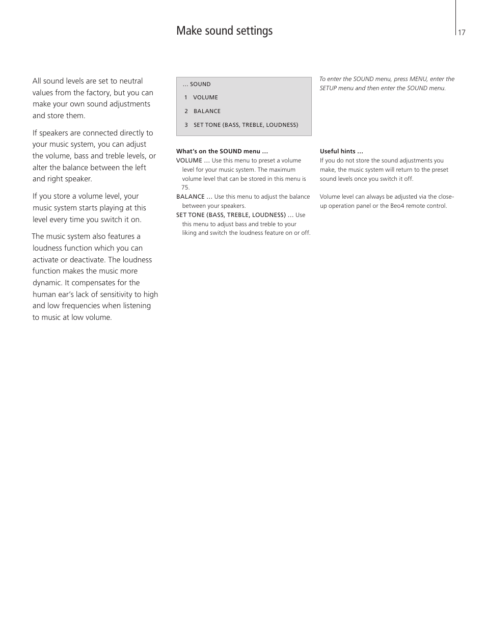 Make sound settings | Bang & Olufsen BeoSound 4 - User Guide User Manual | Page 15 / 32