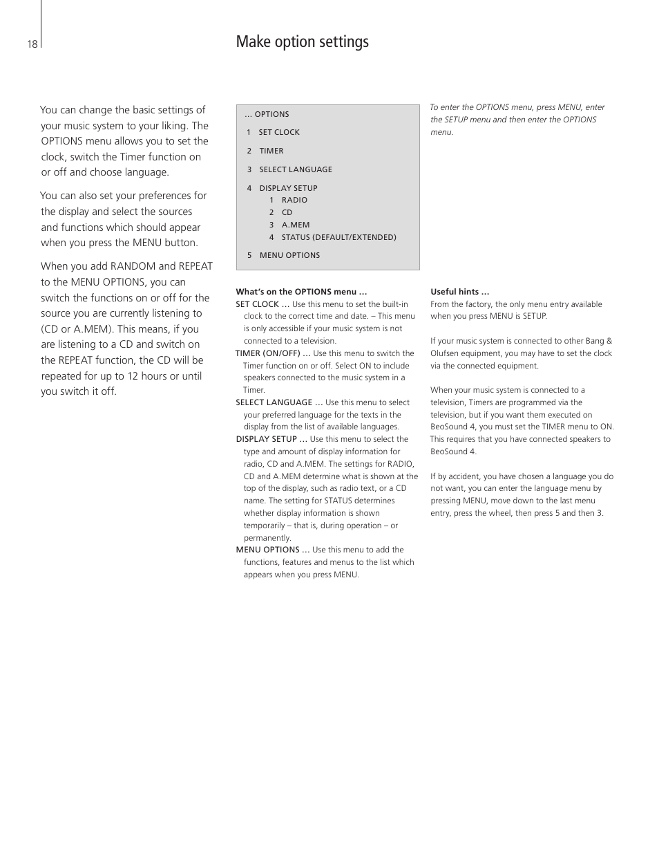 Make option settings | Bang & Olufsen BeoSound 4 - User Guide User Manual | Page 16 / 32