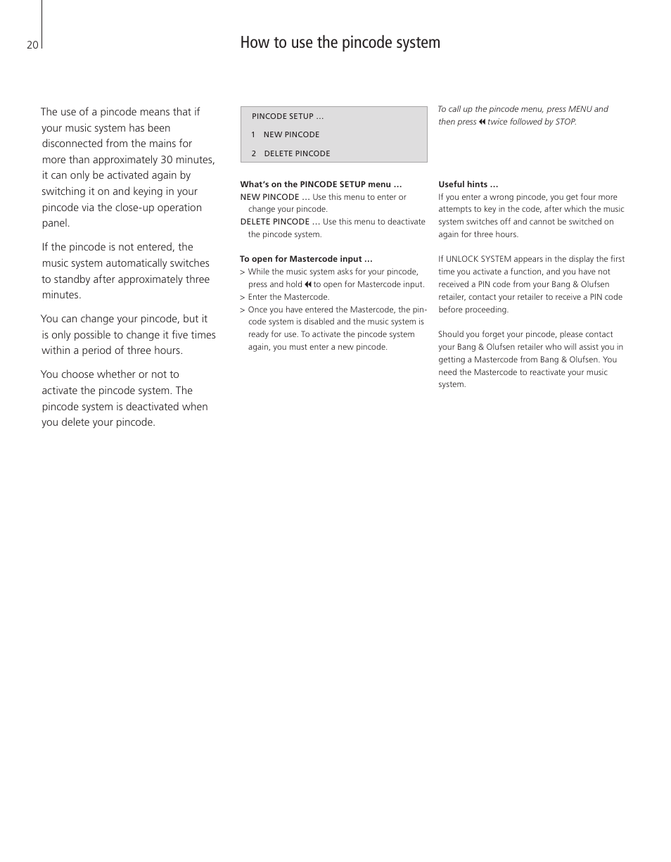 How to use the pincode system | Bang & Olufsen BeoSound 4 - User Guide User Manual | Page 18 / 32