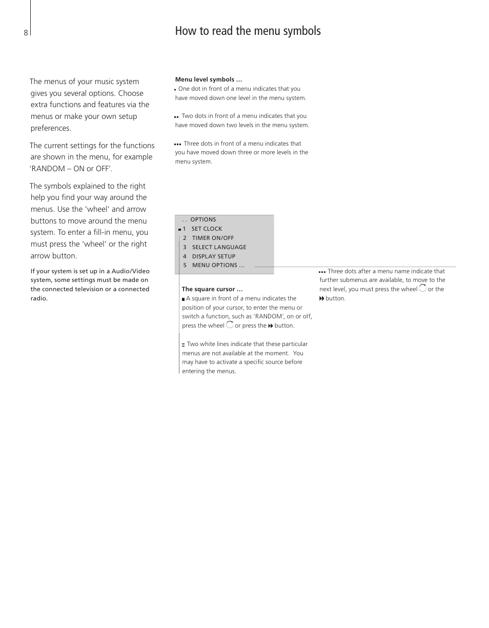How to read the menu symbols | Bang & Olufsen BeoSound 4 - User Guide User Manual | Page 6 / 32