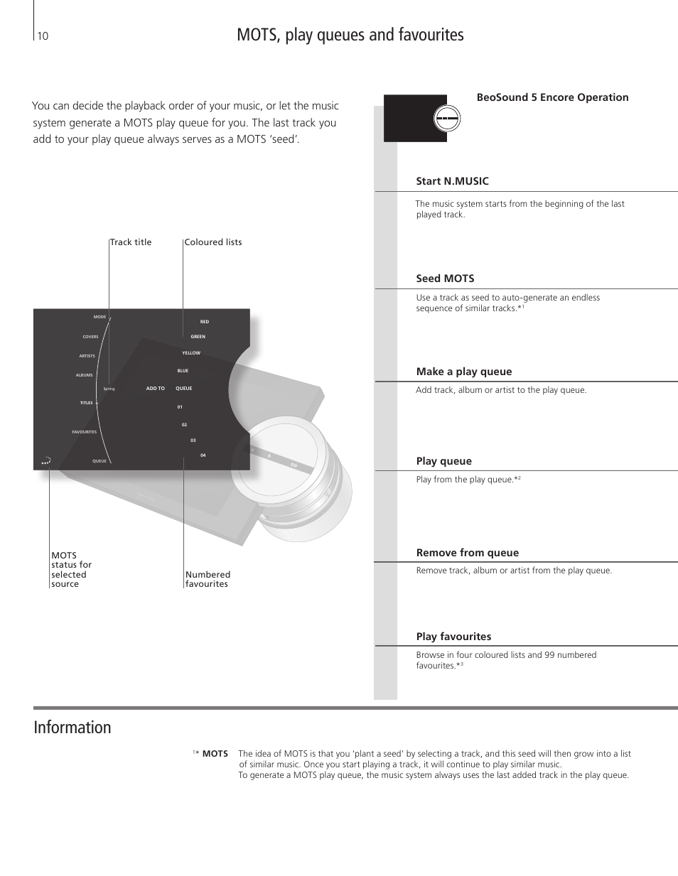 Mots, play queues and favourites, Information, Seed mots play queue start n.music | Make a play queue, Play favourites, Remove from queue beosound 5 encore operation | Bang & Olufsen BeoSound 5 Encore - Getting Started User Manual | Page 10 / 24