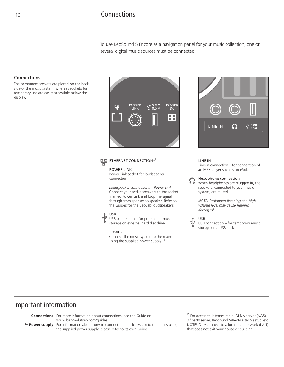 Connections, Connections important information | Bang & Olufsen BeoSound 5 Encore - Getting Started User Manual | Page 16 / 24