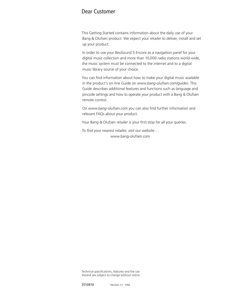 Dear customer | Bang & Olufsen BeoSound 5 Encore - Getting Started User Manual | Page 3 / 24
