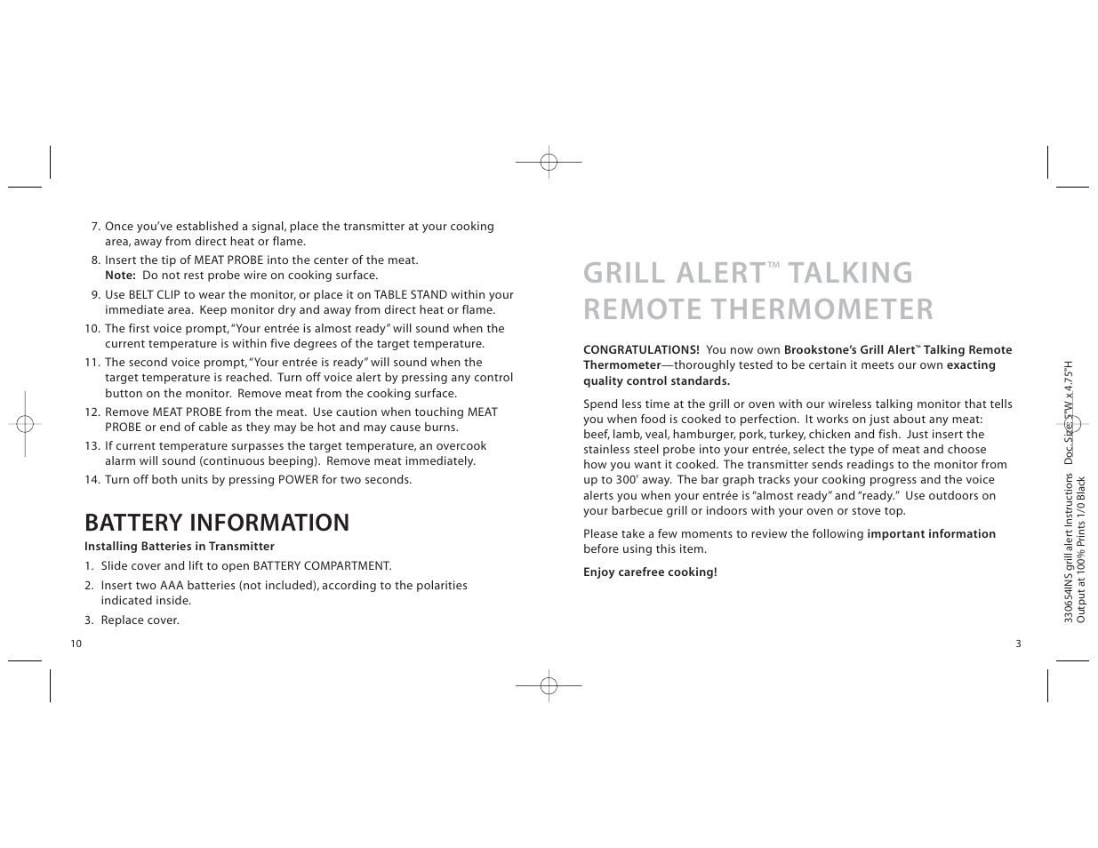 Grill alert, Talking remote thermometer, Battery information | Brookstone Brookstone.grill alerttalkingremote thermometer 330654INS User Manual | Page 3 / 6