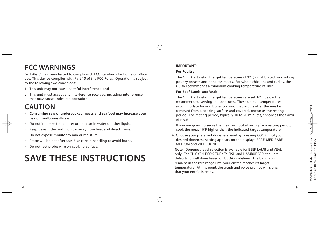 Save these instructions, Fcc warnings, Caution | Brookstone Brookstone.grill alerttalkingremote thermometer 330654INS User Manual | Page 4 / 6