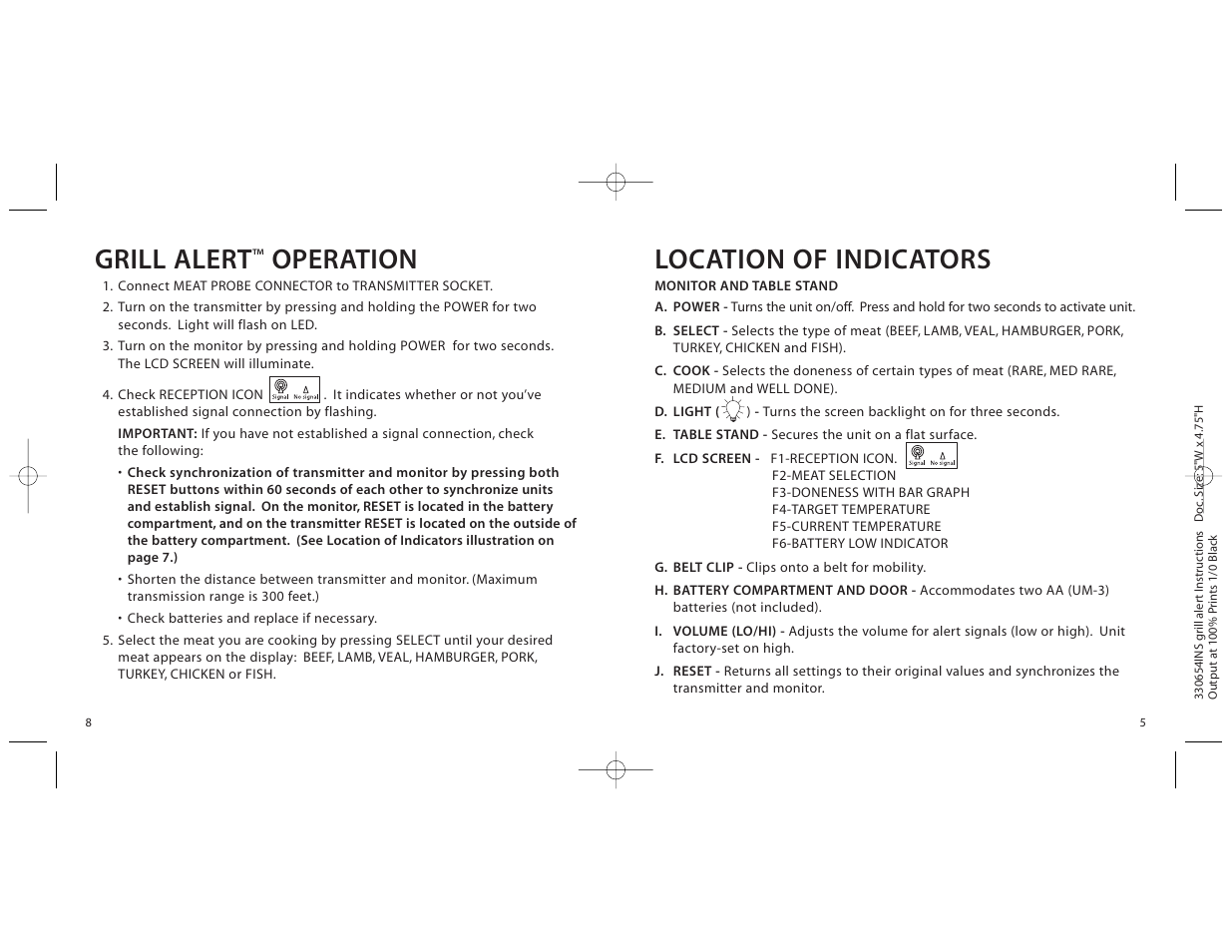 Grill alert, Operation, Location of indicators | Brookstone Brookstone.grill alerttalkingremote thermometer 330654INS User Manual | Page 5 / 6