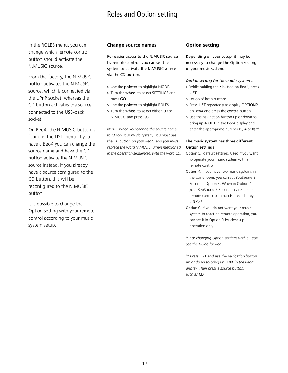 Roles and option setting, Roles | Bang & Olufsen BeoSound 5 Encore - User Guide User Manual | Page 17 / 25