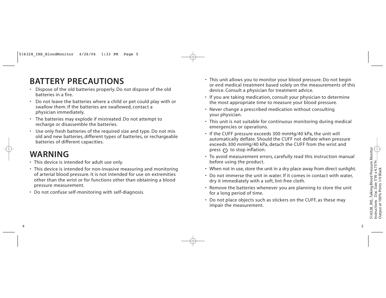 Battery precautions, Warning | Brookstone Talking Blood Pressure Monitor 516328 User Manual | Page 3 / 12