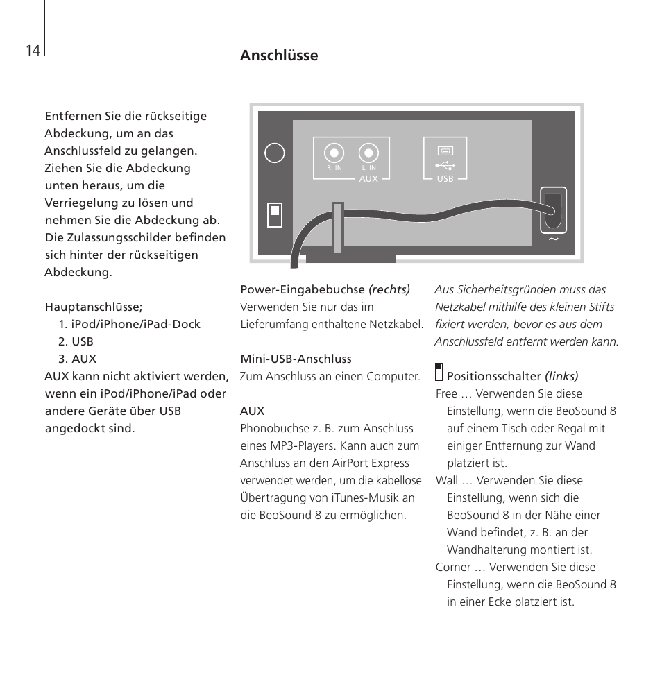 Anschlüsse | Bang & Olufsen BeoSound 8 - User Guide User Manual | Page 14 / 76