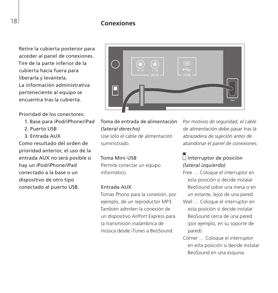 Conexiones | Bang & Olufsen BeoSound 8 - User Guide User Manual | Page 18 / 76