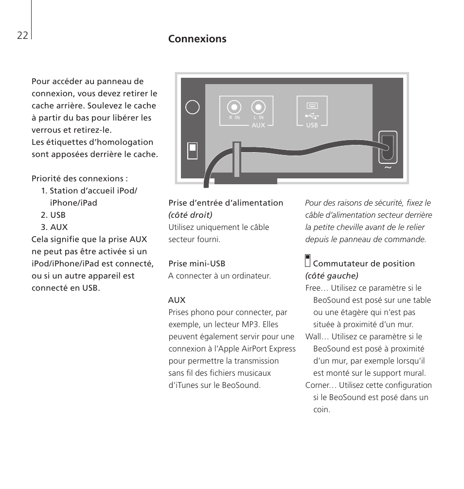 Connexions | Bang & Olufsen BeoSound 8 - User Guide User Manual | Page 22 / 76