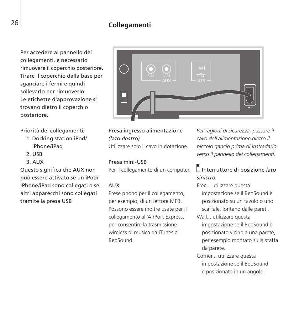 Collegamenti | Bang & Olufsen BeoSound 8 - User Guide User Manual | Page 26 / 76