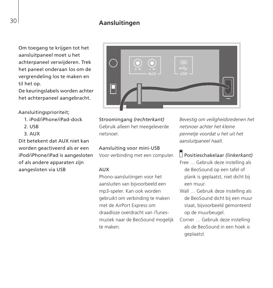 Aansluitingen | Bang & Olufsen BeoSound 8 - User Guide User Manual | Page 30 / 76