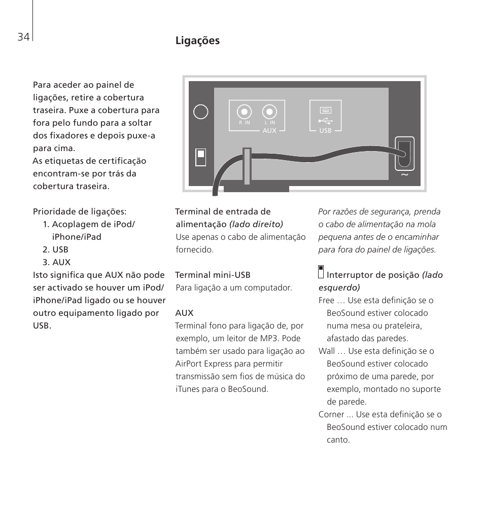 Ligações | Bang & Olufsen BeoSound 8 - User Guide User Manual | Page 34 / 76