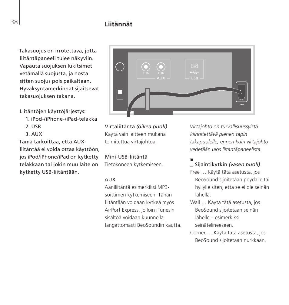 Liitännät | Bang & Olufsen BeoSound 8 - User Guide User Manual | Page 38 / 76