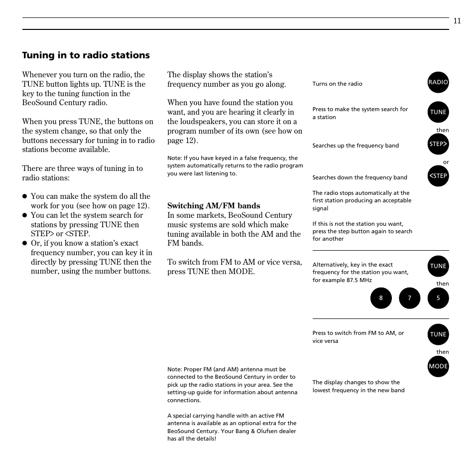 Tuning in to radio stations | Bang & Olufsen BeoSound Century - User Guide User Manual | Page 11 / 29