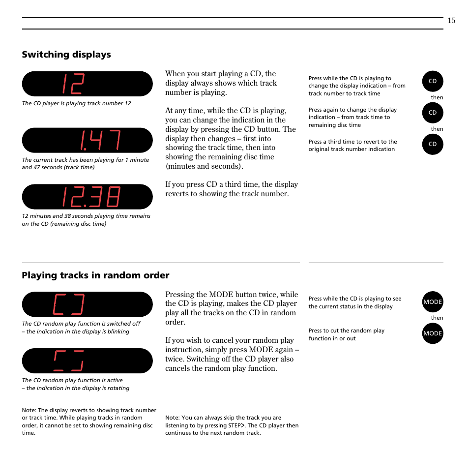 Switching displays, Playing tracks in random order | Bang & Olufsen BeoSound Century - User Guide User Manual | Page 15 / 29