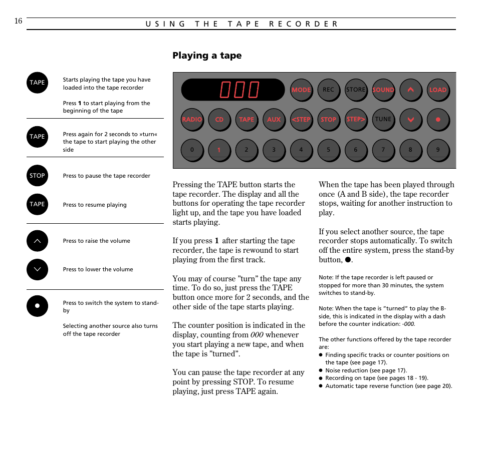 Using the tape recorder, Playing a tape | Bang & Olufsen BeoSound Century - User Guide User Manual | Page 16 / 29