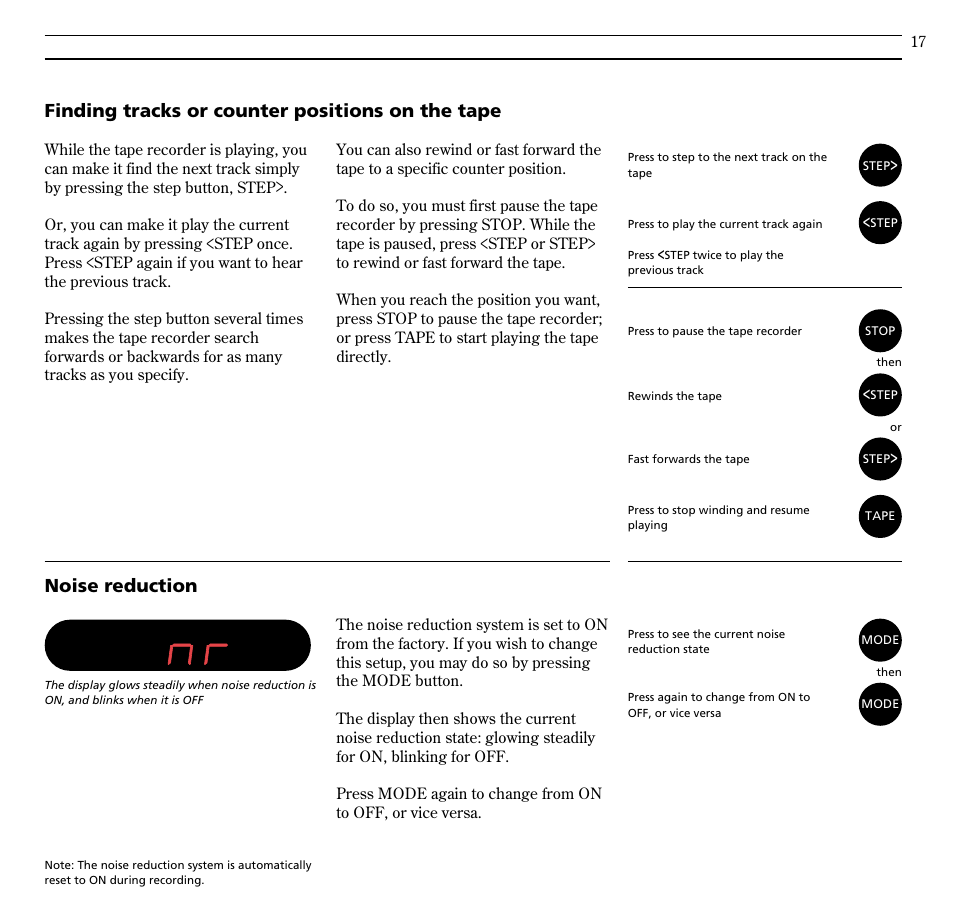 Finding tracks or counter positions on the tape, Noise reduction | Bang & Olufsen BeoSound Century - User Guide User Manual | Page 17 / 29