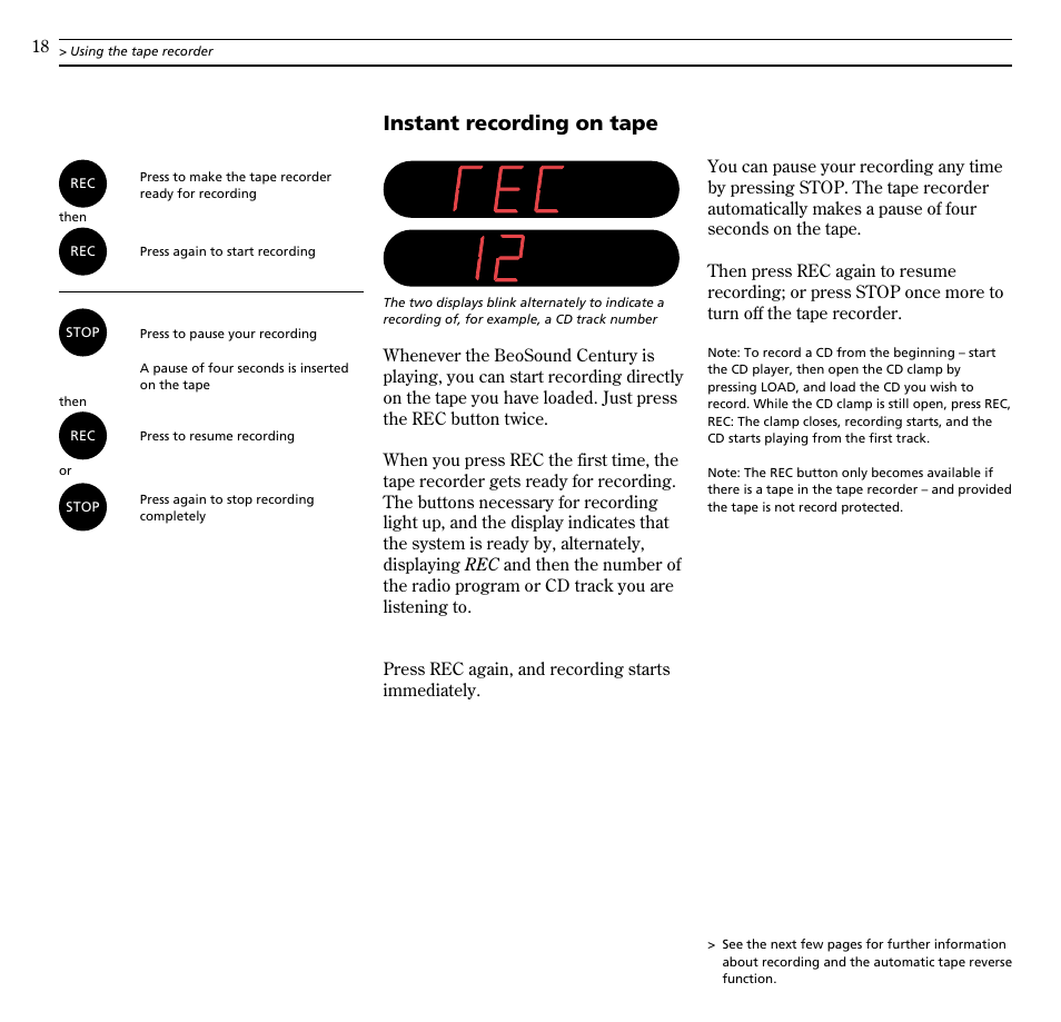 Instant recording on tape | Bang & Olufsen BeoSound Century - User Guide User Manual | Page 18 / 29