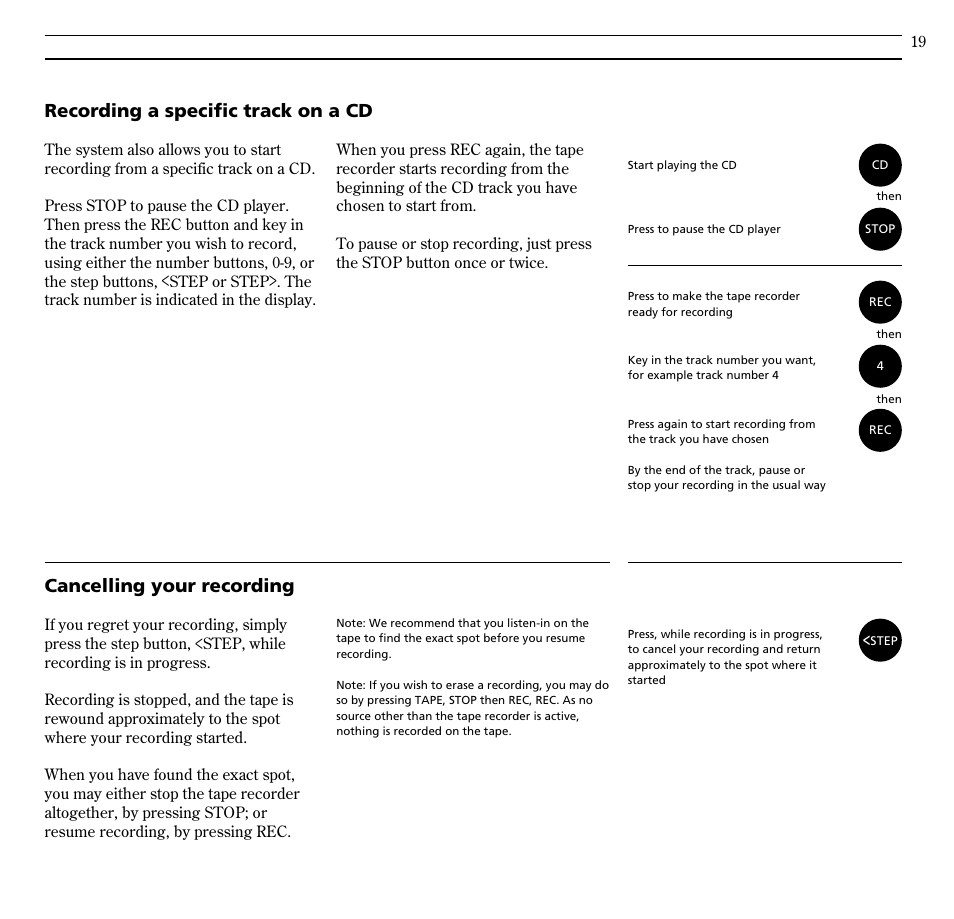 Recording a specific track on a cd, Cancelling your recording | Bang & Olufsen BeoSound Century - User Guide User Manual | Page 19 / 29