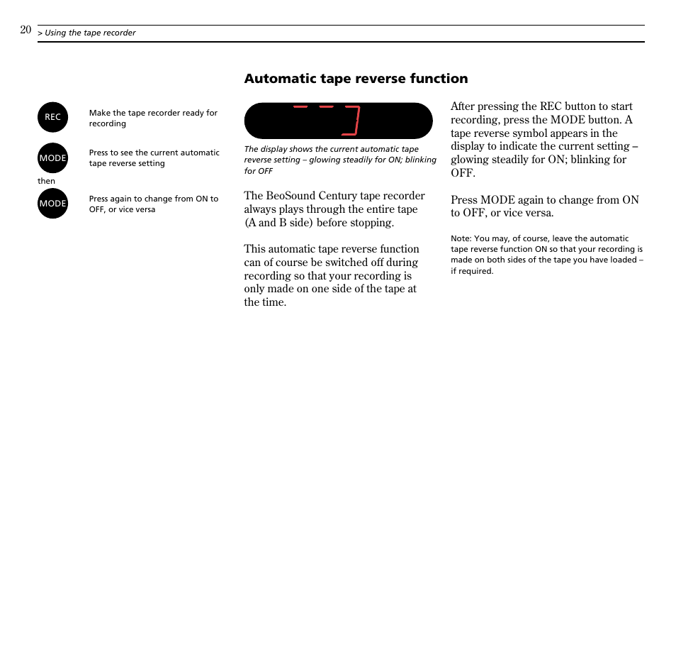 Automatic tape reverse function | Bang & Olufsen BeoSound Century - User Guide User Manual | Page 20 / 29