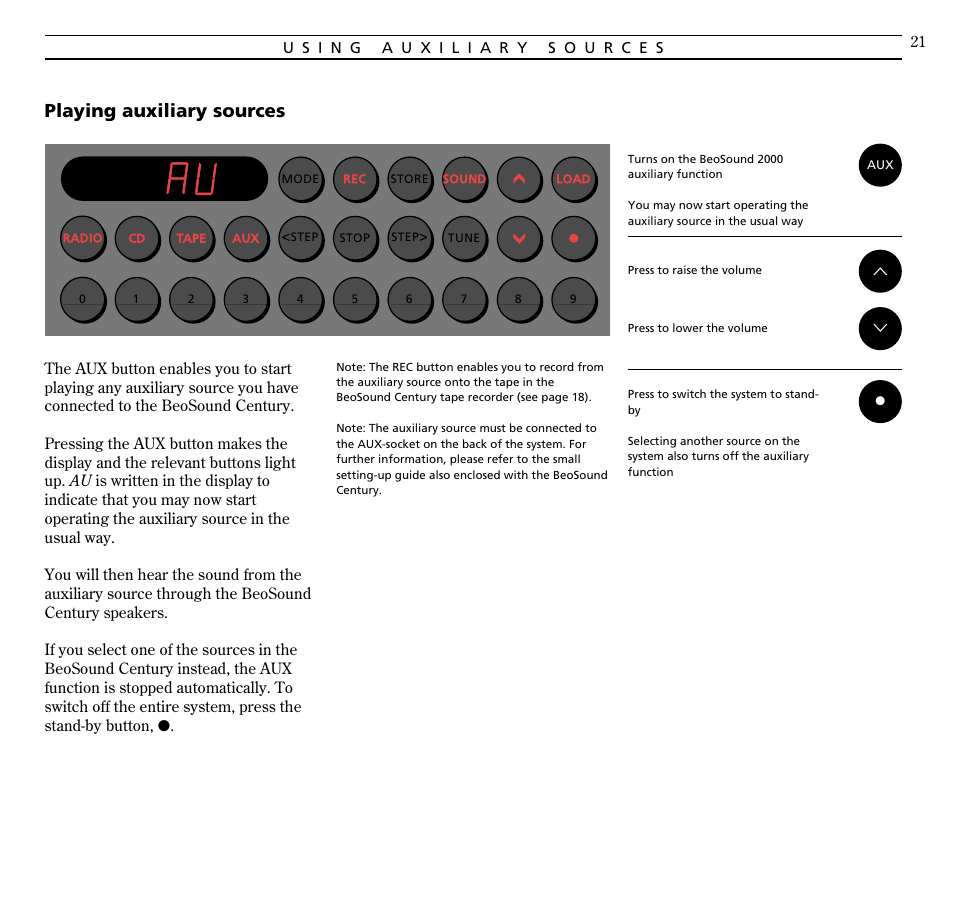 Using auxiliary sources, Playing auxiliary sources | Bang & Olufsen BeoSound Century - User Guide User Manual | Page 21 / 29