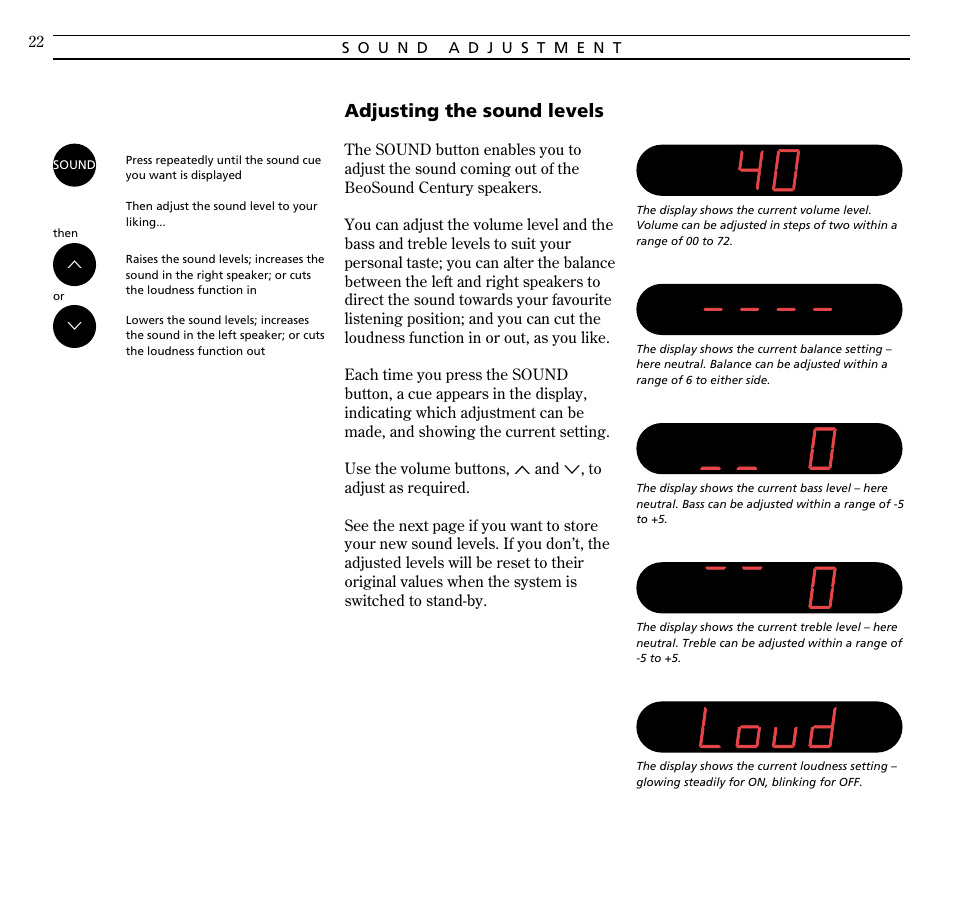 Sound adjustment, Adjusting the sound levels | Bang & Olufsen BeoSound Century - User Guide User Manual | Page 22 / 29