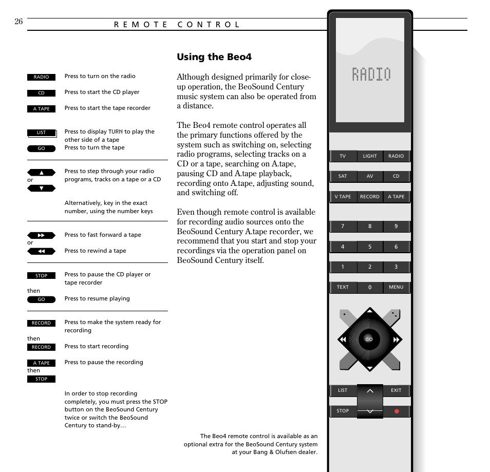 Remote control, Using the beo4 | Bang & Olufsen BeoSound Century - User Guide User Manual | Page 26 / 29
