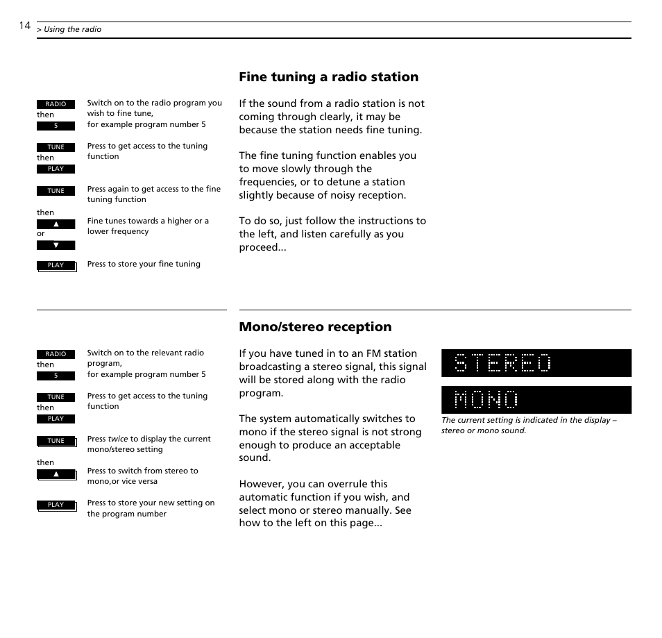 Fine tuning a radio station, Mono/stereo reception | Bang & Olufsen BeoSound Ouverture - User Guide User Manual | Page 14 / 44